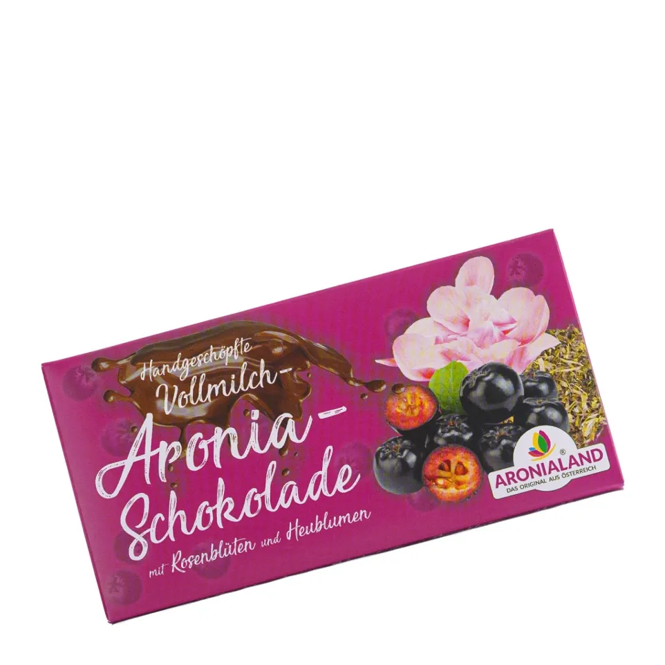 Handgeschöpfte Aronia Schokolade mit Rosenblüten und Heublumen 100g
